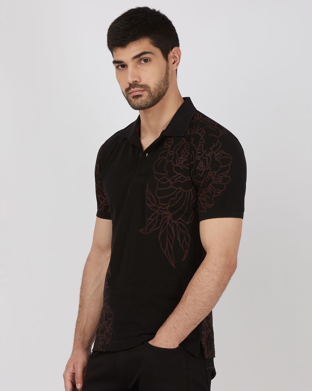 Black Floral Print Slim Fit Slub Pique Polo