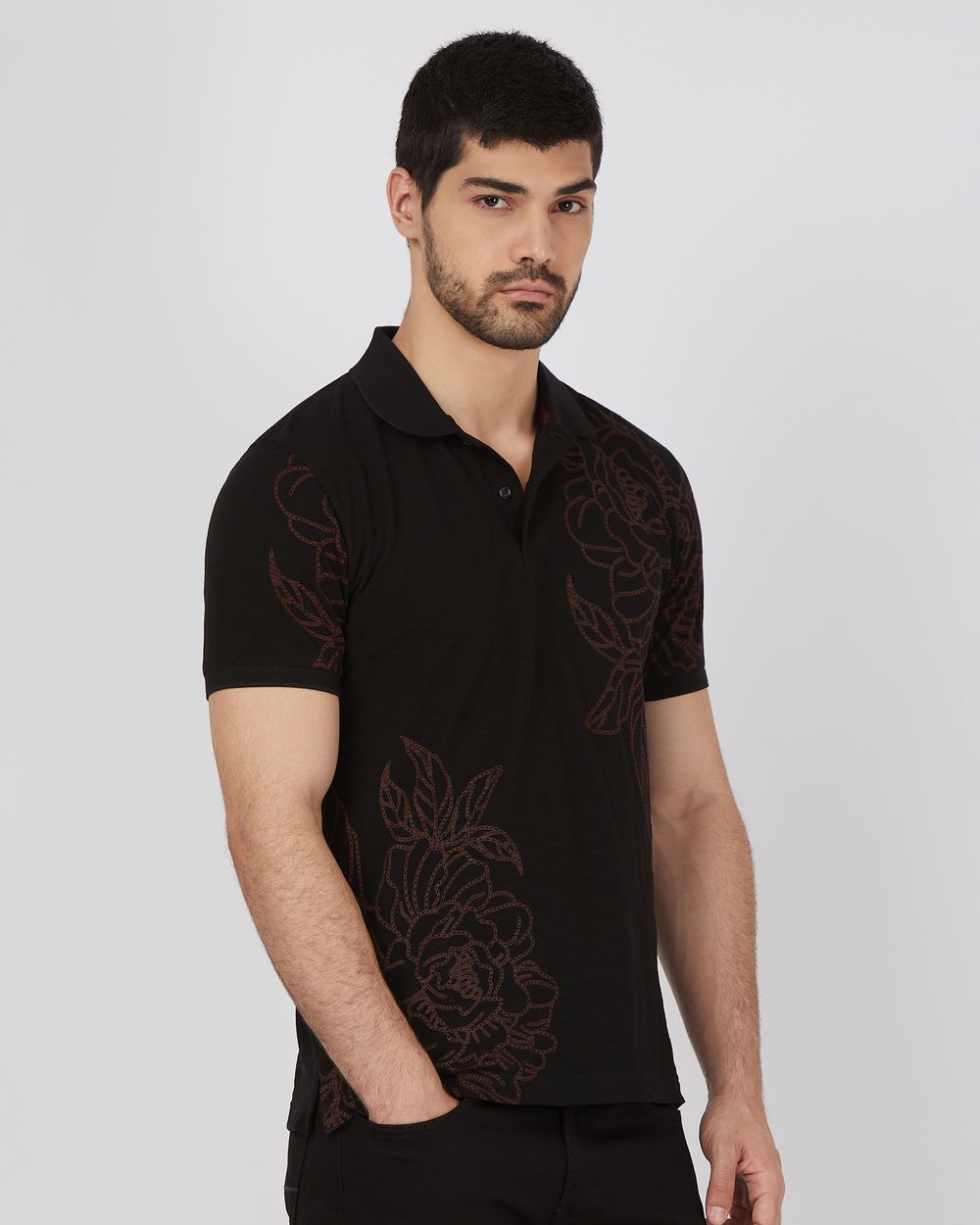 Black Floral Print Slim Fit Slub Pique Polo