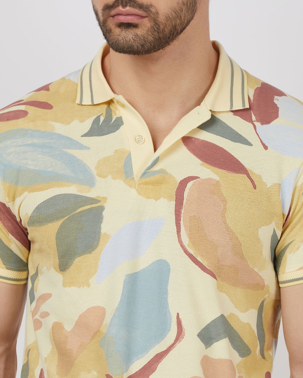 Light Yellow Floral Print Slim Fit Pique Polo