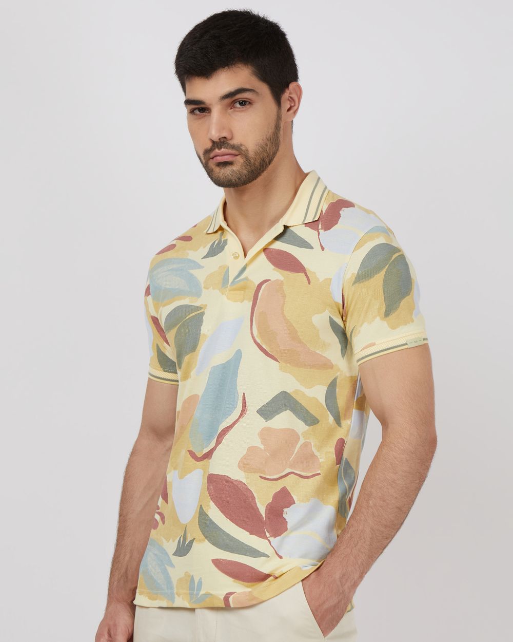 Light Yellow Floral Print Slim Fit Pique Polo