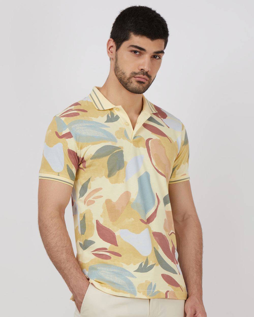 Light Yellow Floral Print Slim Fit Pique Polo