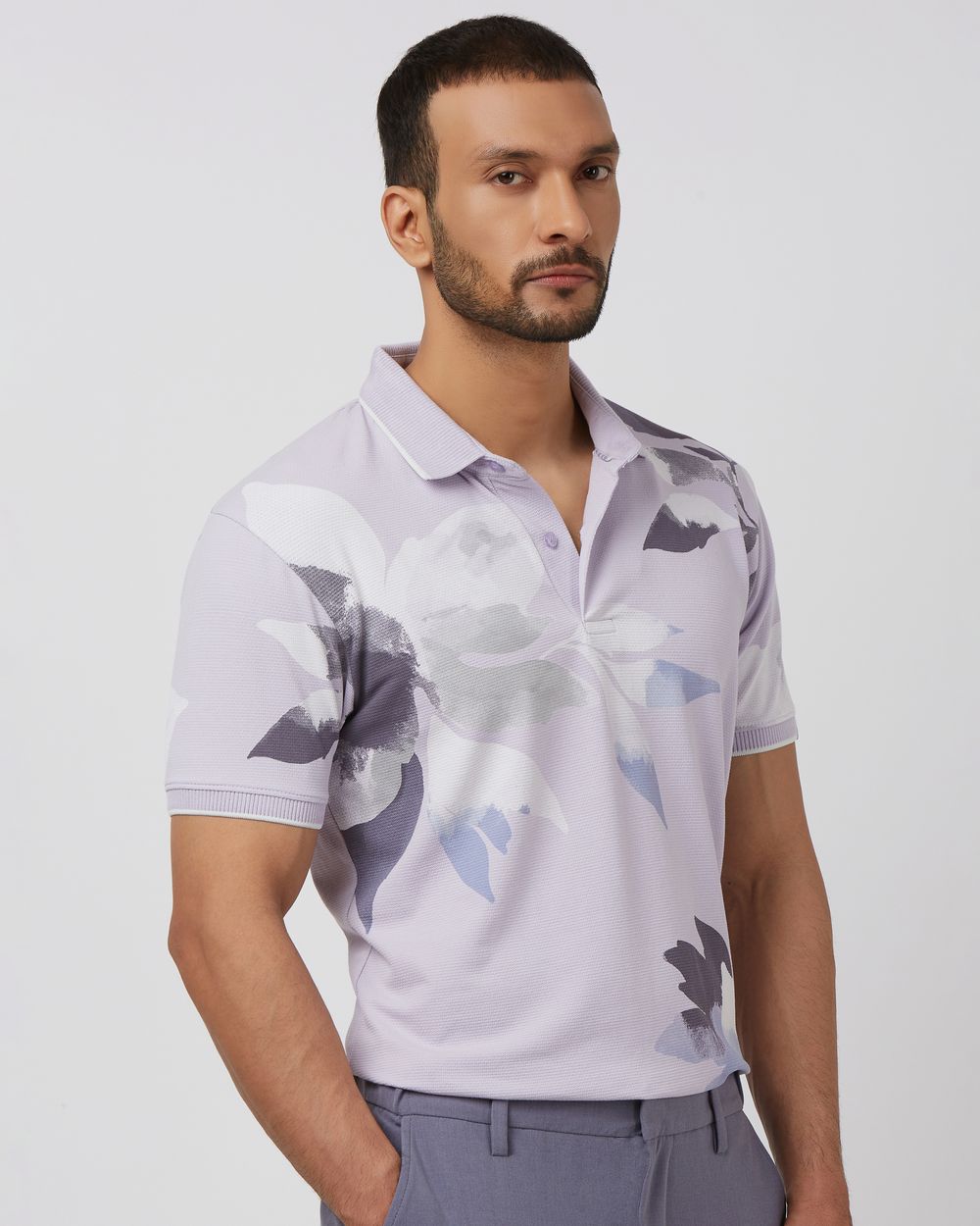 Lilac Floral Print Slim Fit Polo