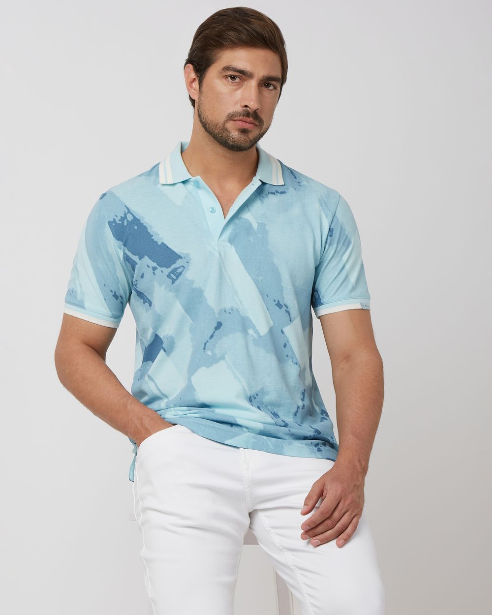 Light Blue Abstract Print Slim Fit Polo