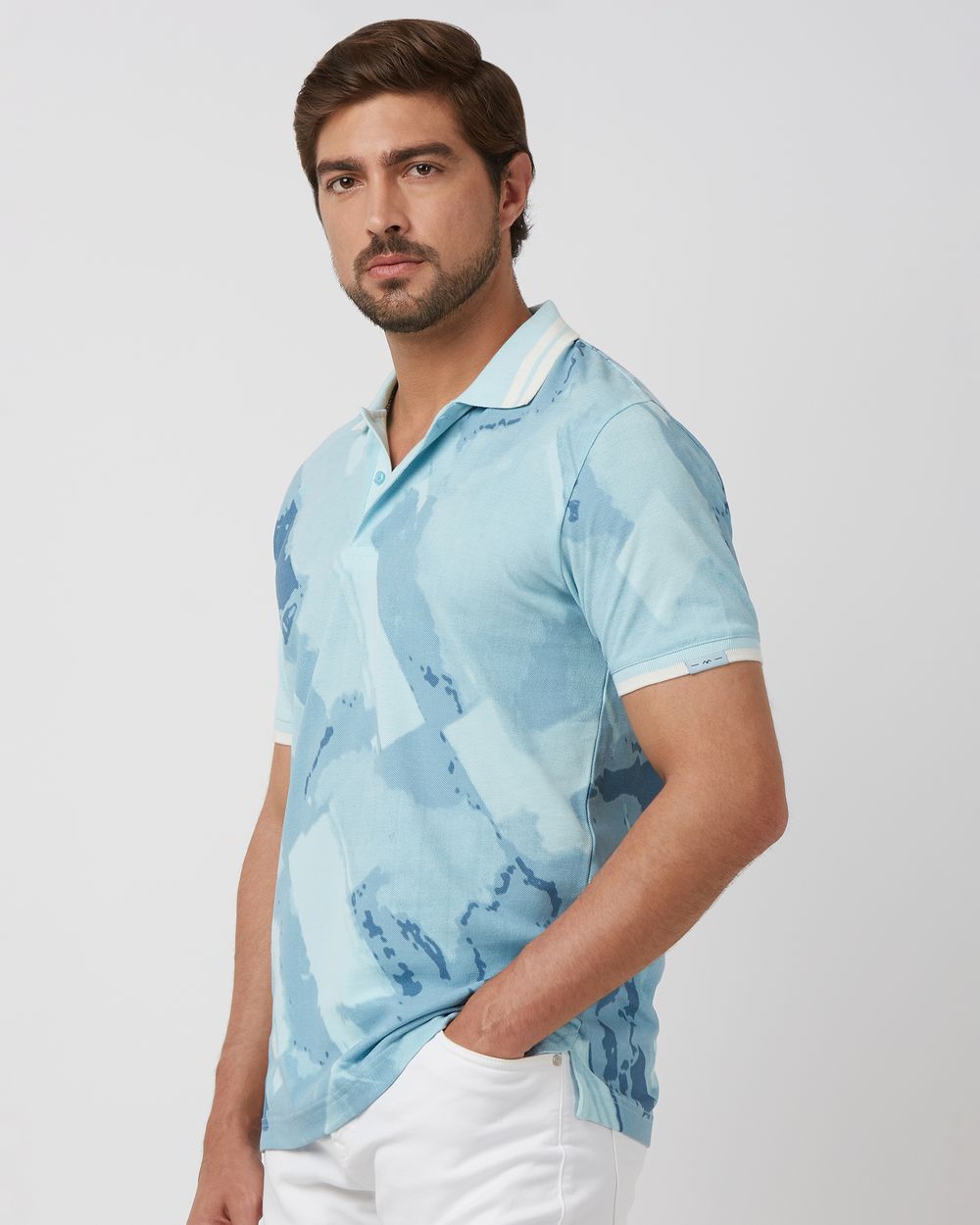 Light Blue Abstract Print Slim Fit Polo