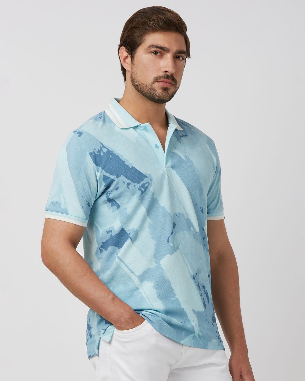 Light Blue Abstract Print Slim Fit Polo
