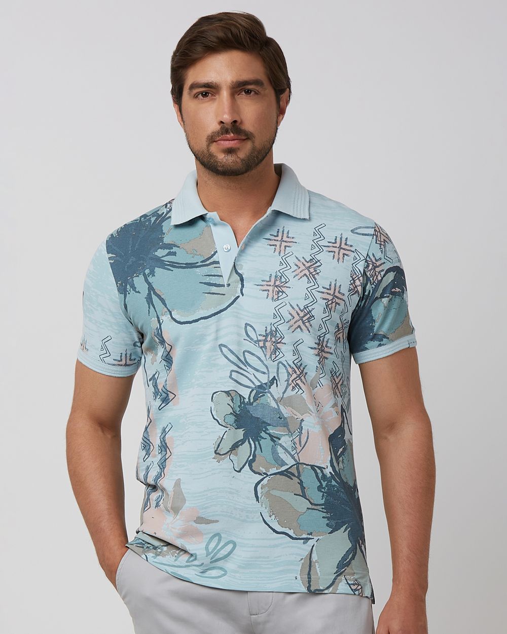 Light Blue Floral Print Slim Fit Polo