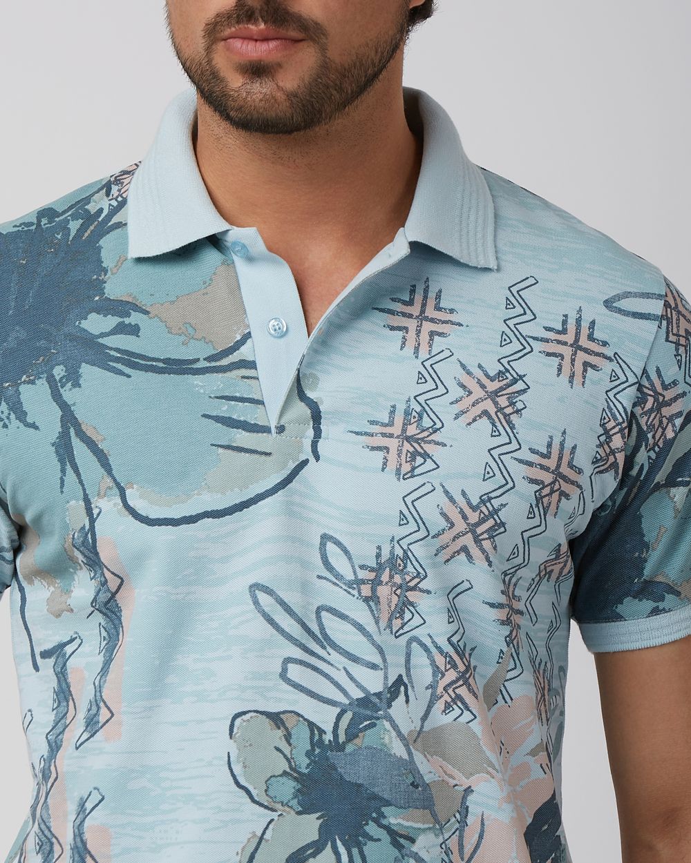 Light Blue Floral Print Slim Fit Polo