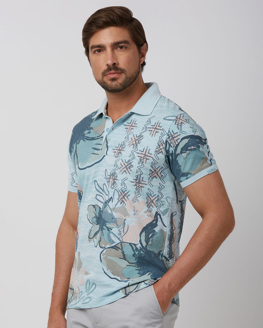 Light Blue Floral Print Slim Fit Polo