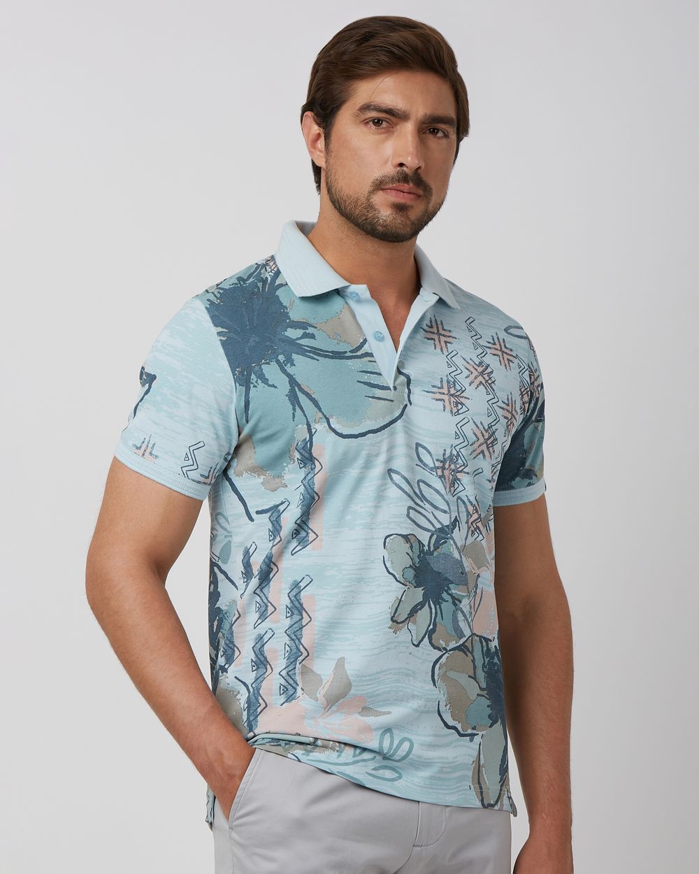 Light Blue Floral Print Slim Fit Polo