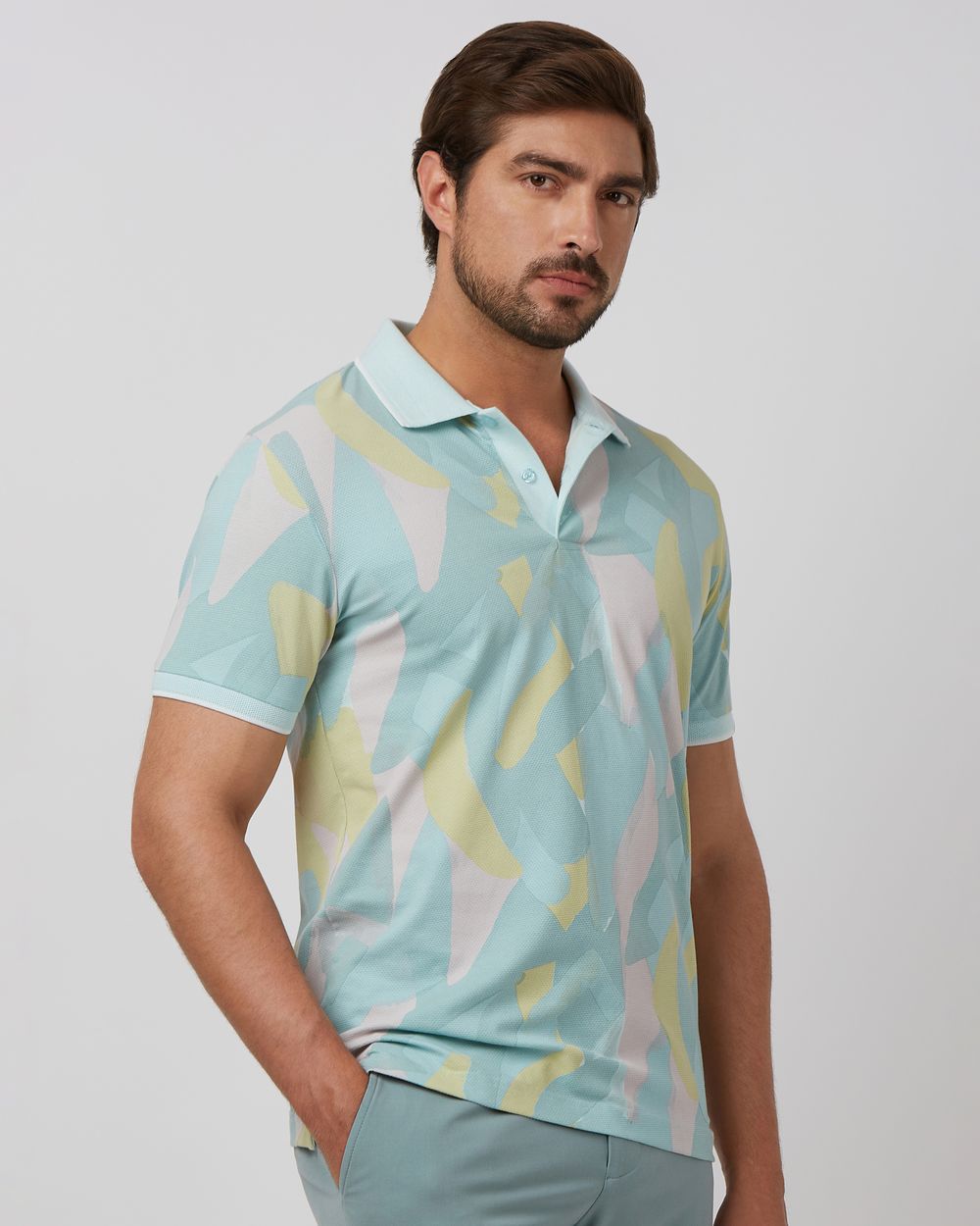 Light Green Abstract Print Slim Fit Polo