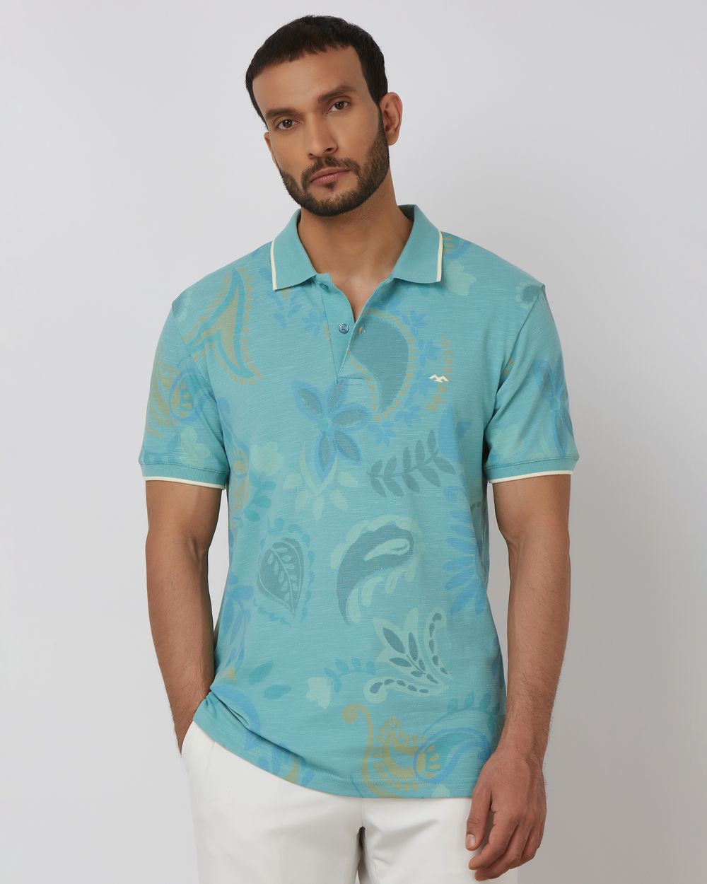 Teal Paisley Print Slim Fit Slub Pique Polo
