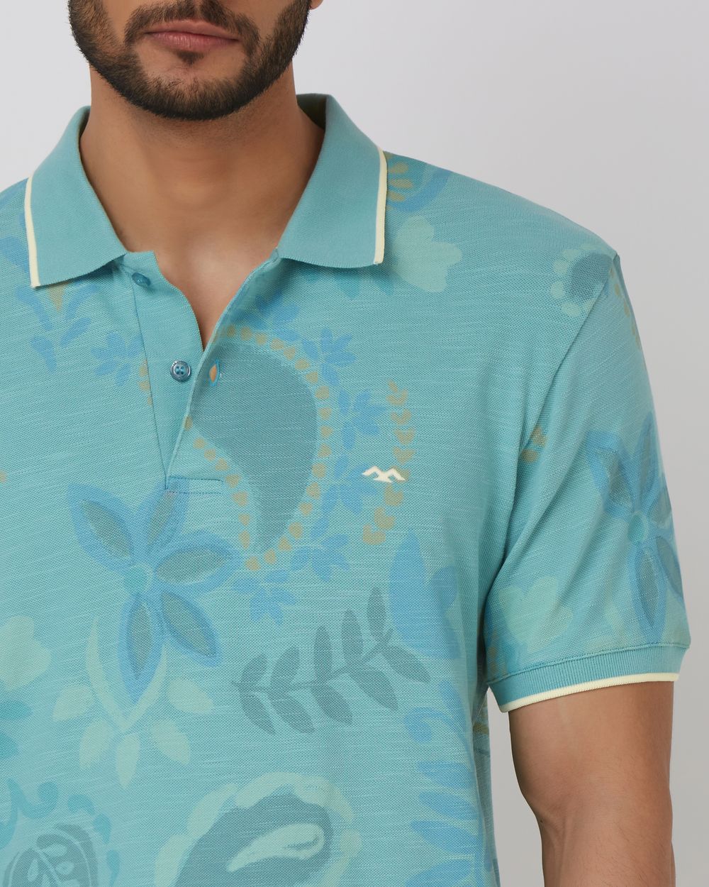 Teal Paisley Print Slim Fit Slub Pique Polo