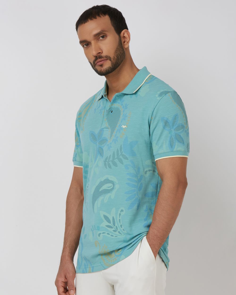 Teal Paisley Print Slim Fit Slub Pique Polo