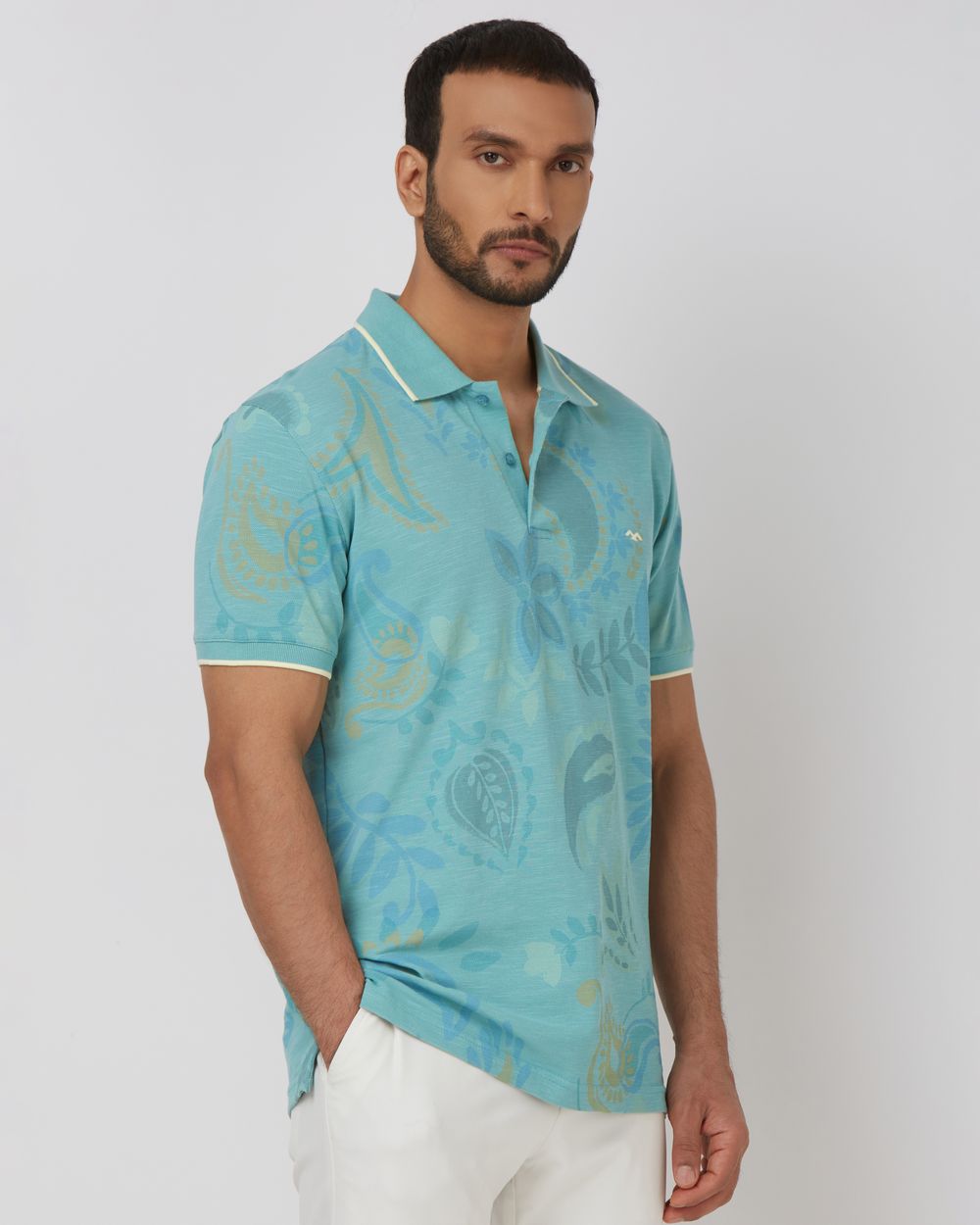 Teal Paisley Print Slim Fit Slub Pique Polo