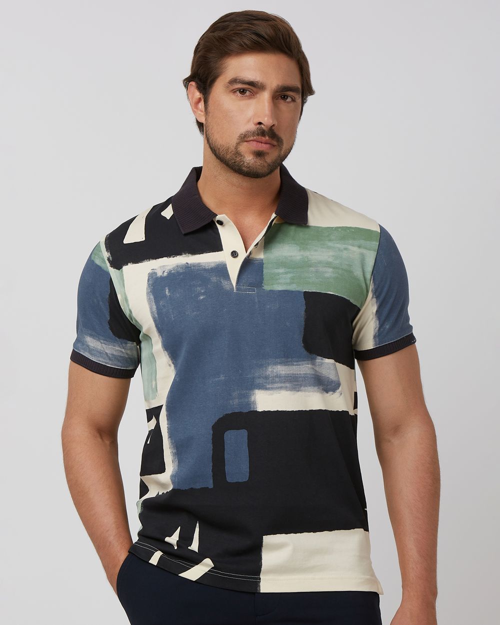 Navy Abstract Print Slim Fit Polo