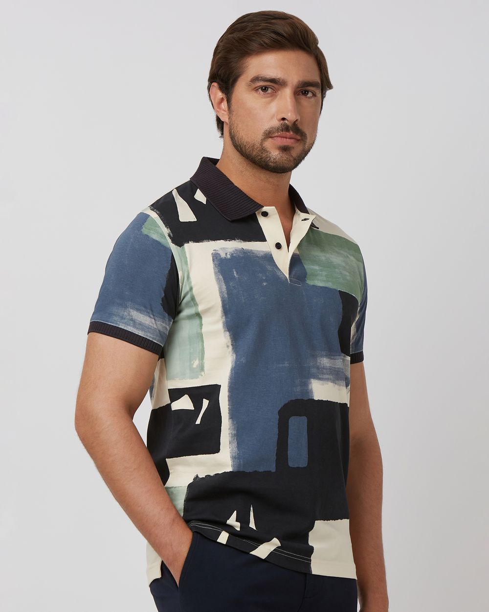 Navy Abstract Print Slim Fit Polo