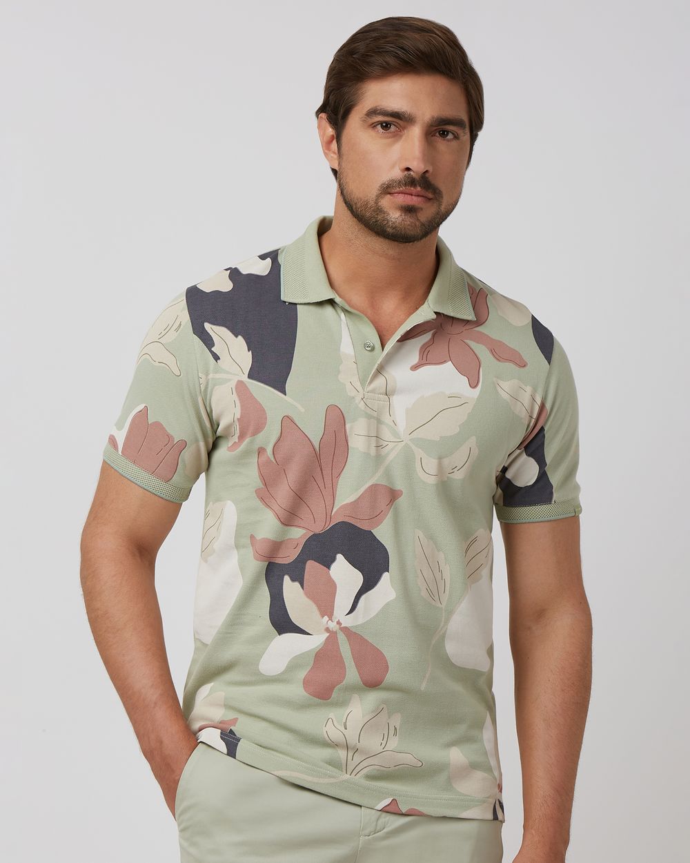 Light Green Floral Print Slim Fit Polo