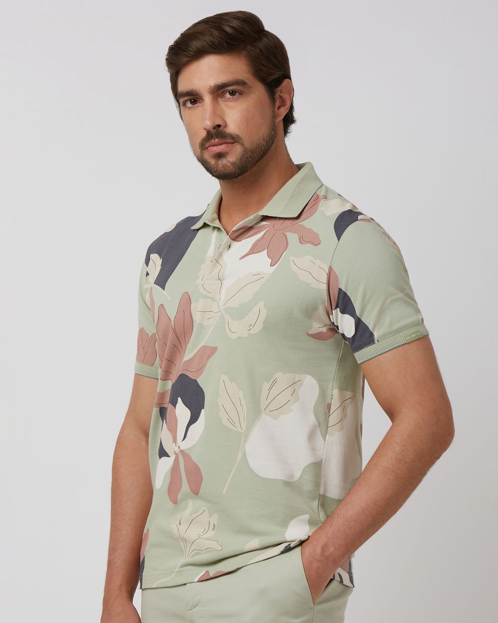 Light Green Floral Print Slim Fit Polo