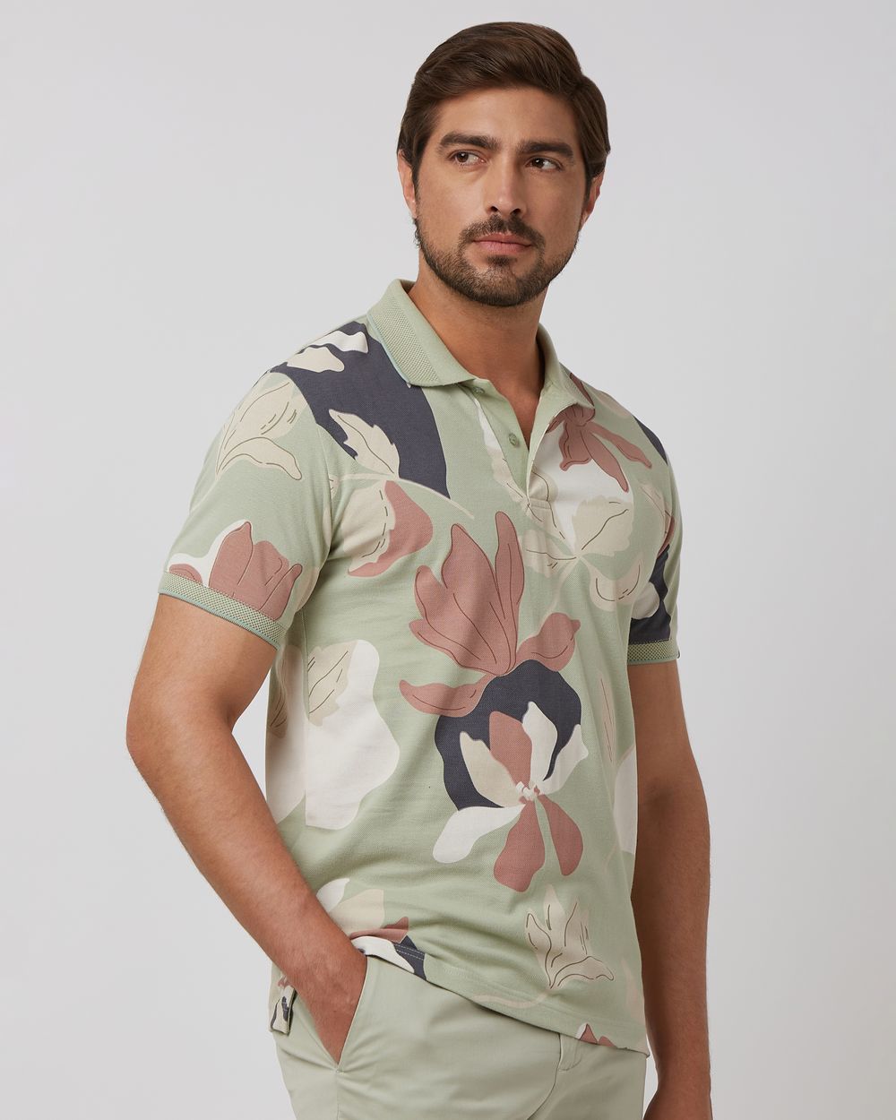 Light Green Floral Print Slim Fit Polo