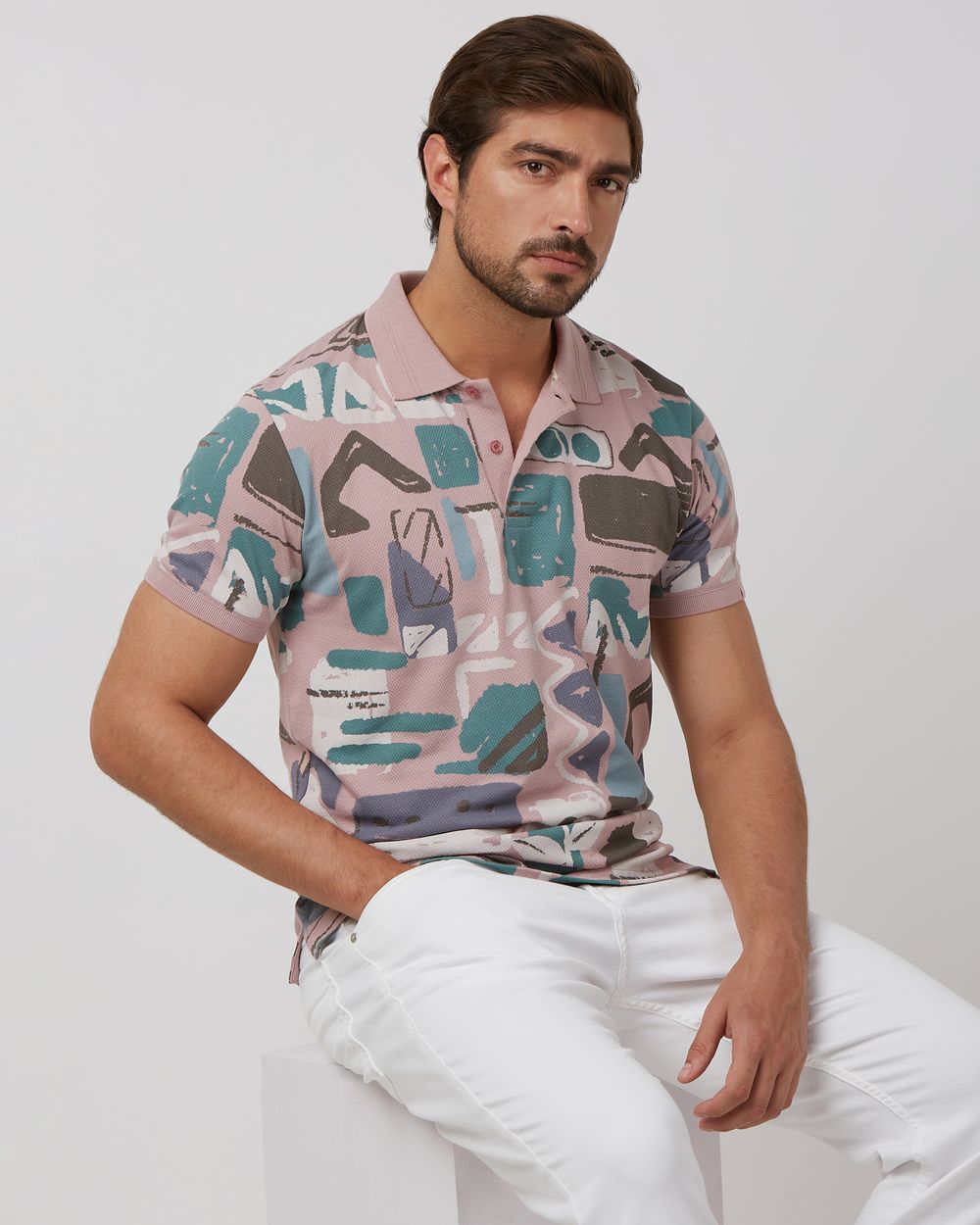 Pastel Pink Printed Slim Fit Polo