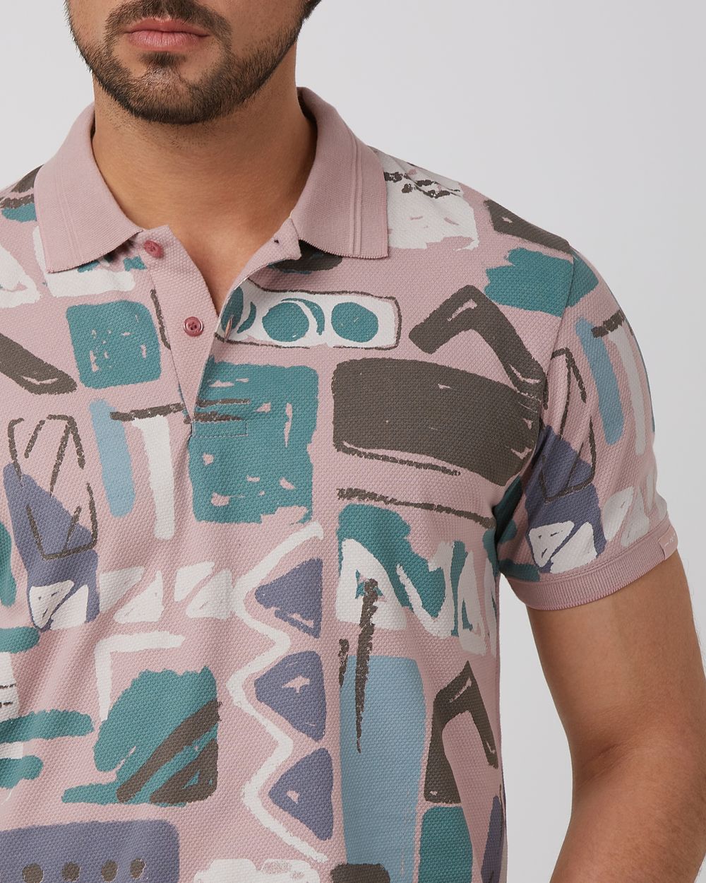 Pastel Pink Printed Slim Fit Polo