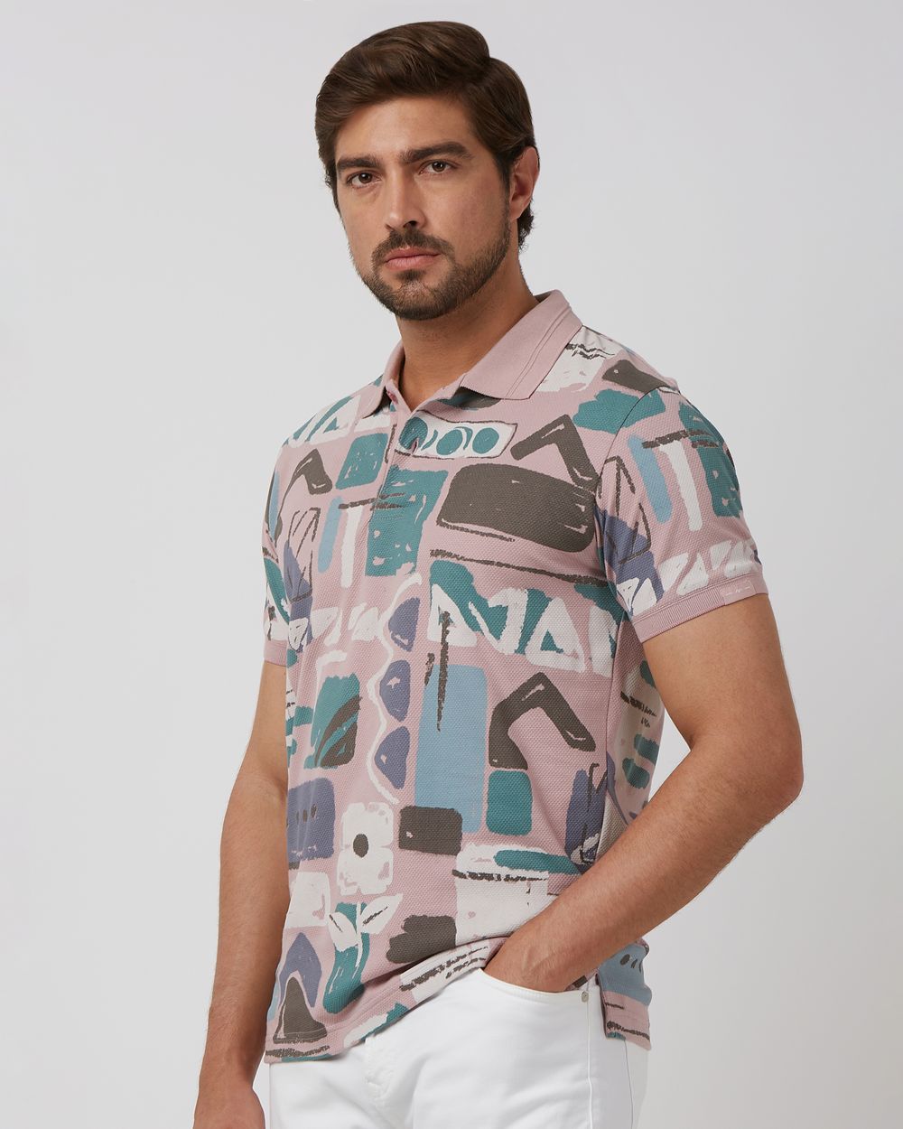 Pastel Pink Printed Slim Fit Polo