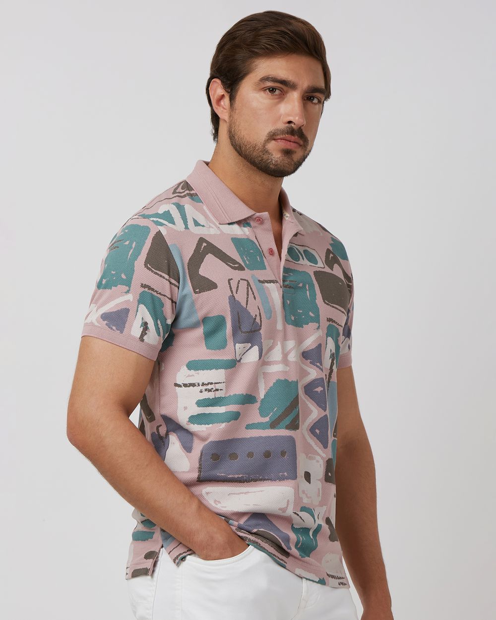 Pastel Pink Printed Slim Fit Polo