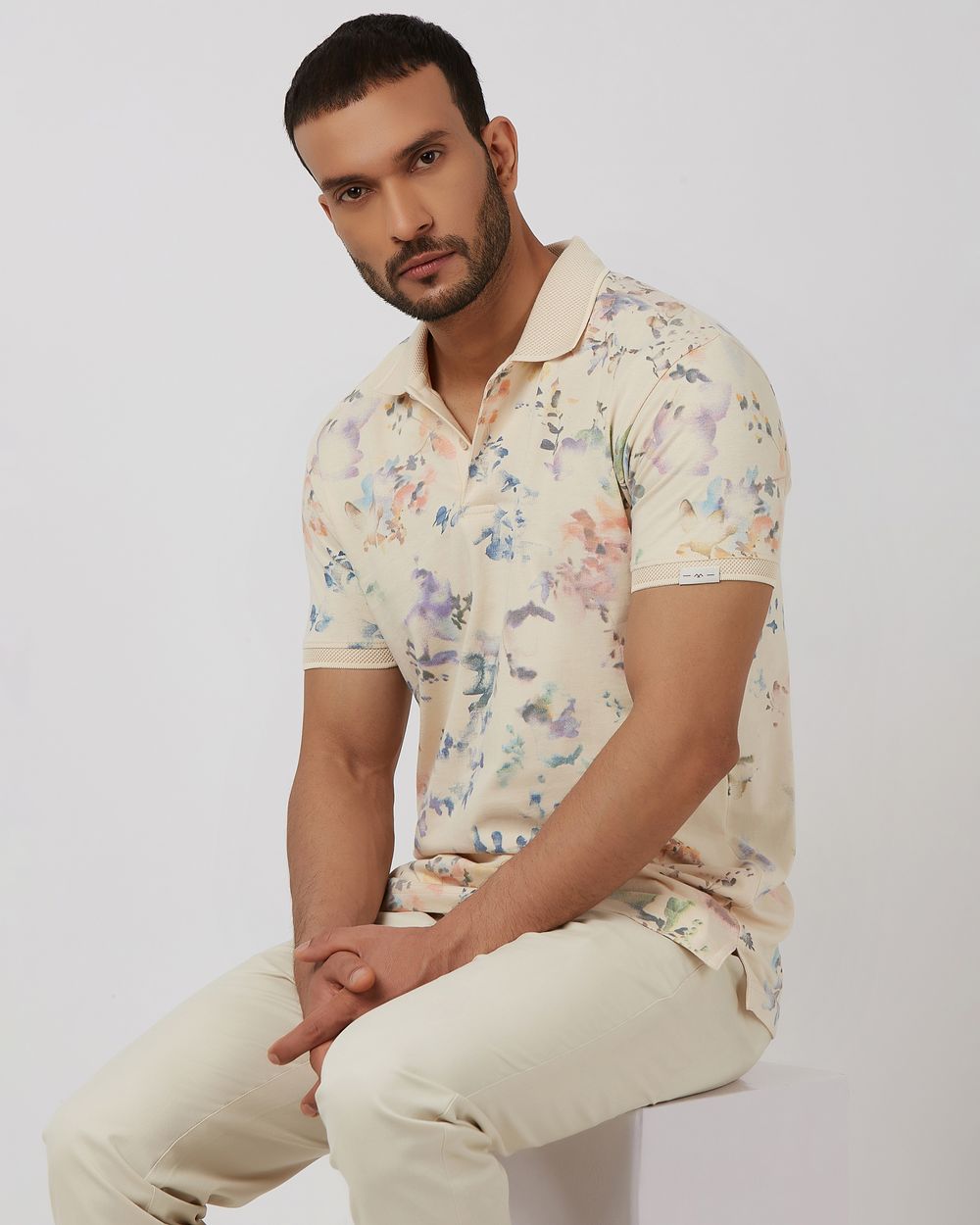 Off White Floral Print Slim Fit Polo