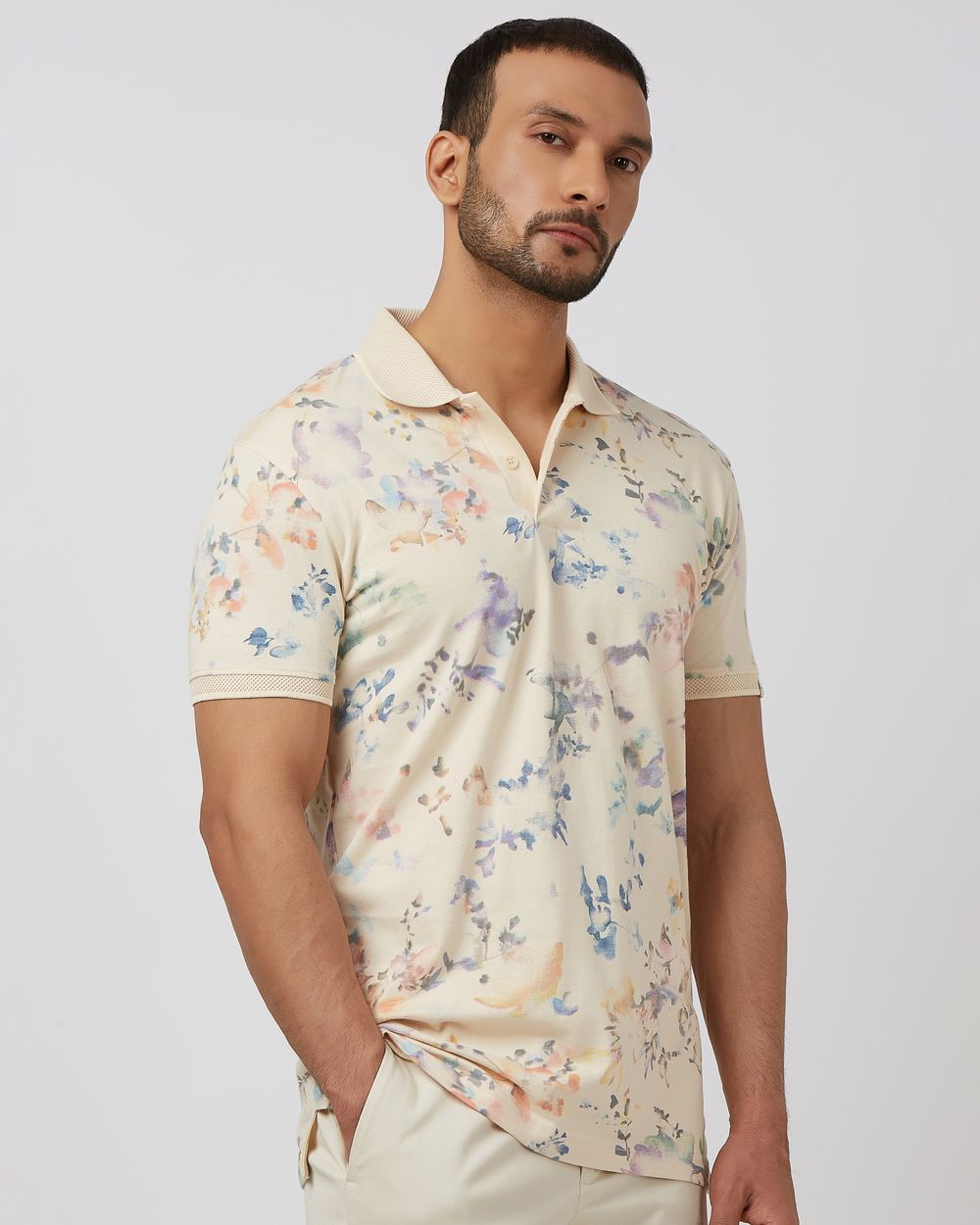 Off White Floral Print Slim Fit Polo