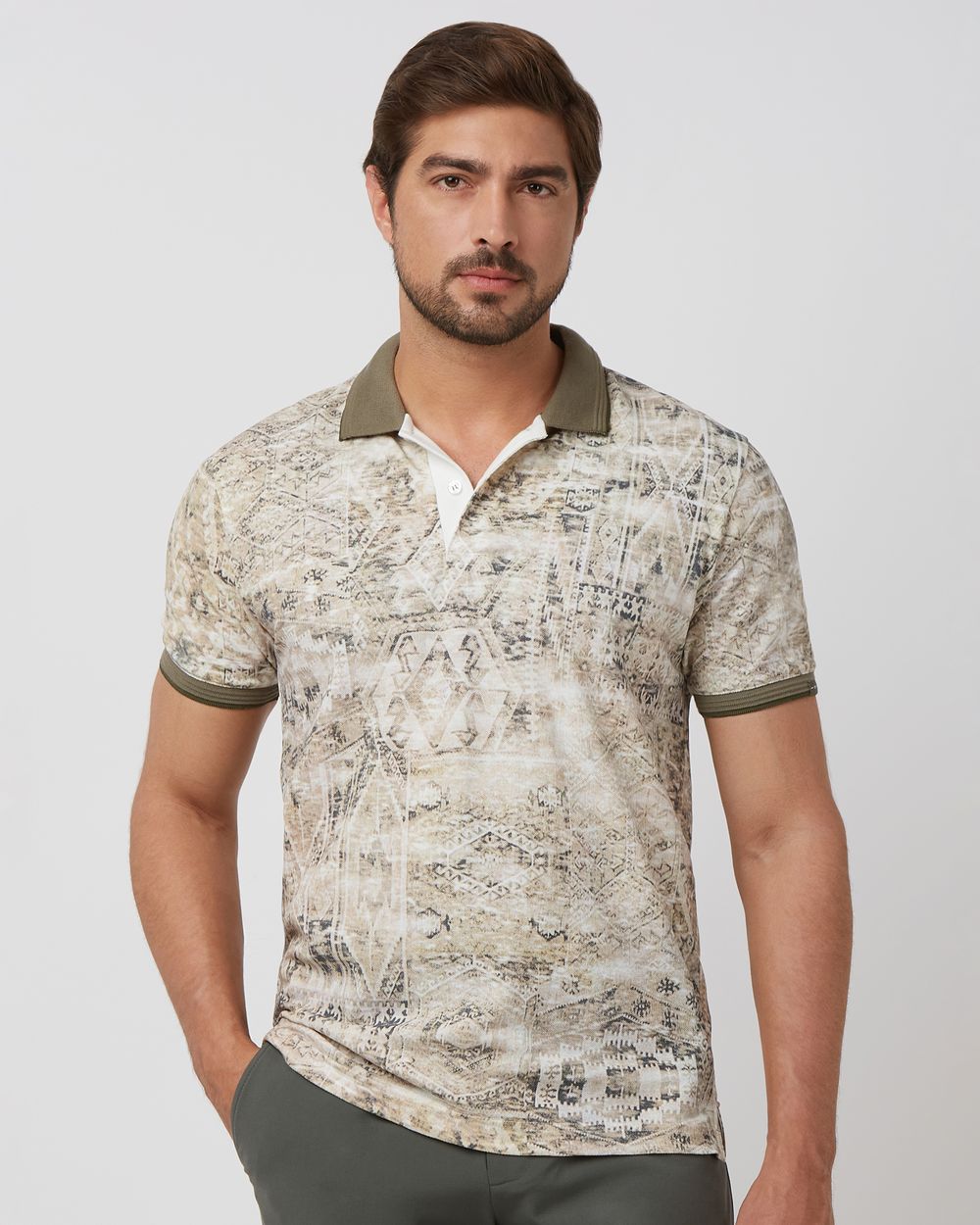 Beige Printed Slim Fit Pique Polo