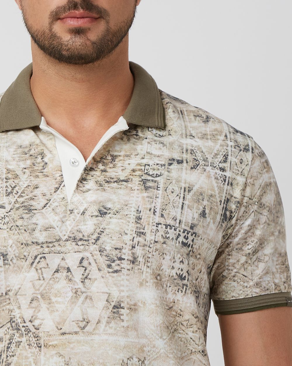 Beige Printed Slim Fit Pique Polo