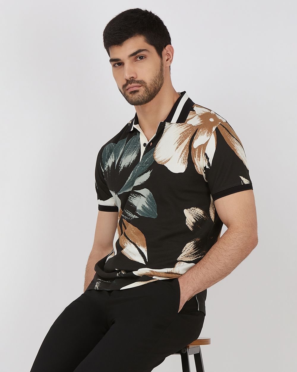 Black Floral Print Slim Fit Pique Polo