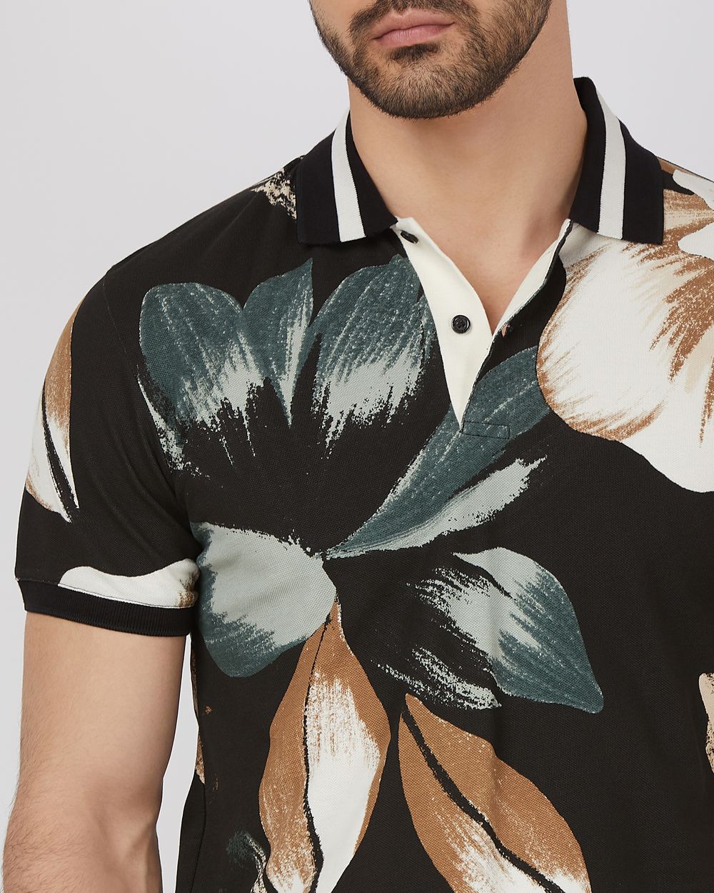 Black Floral Print Slim Fit Pique Polo
