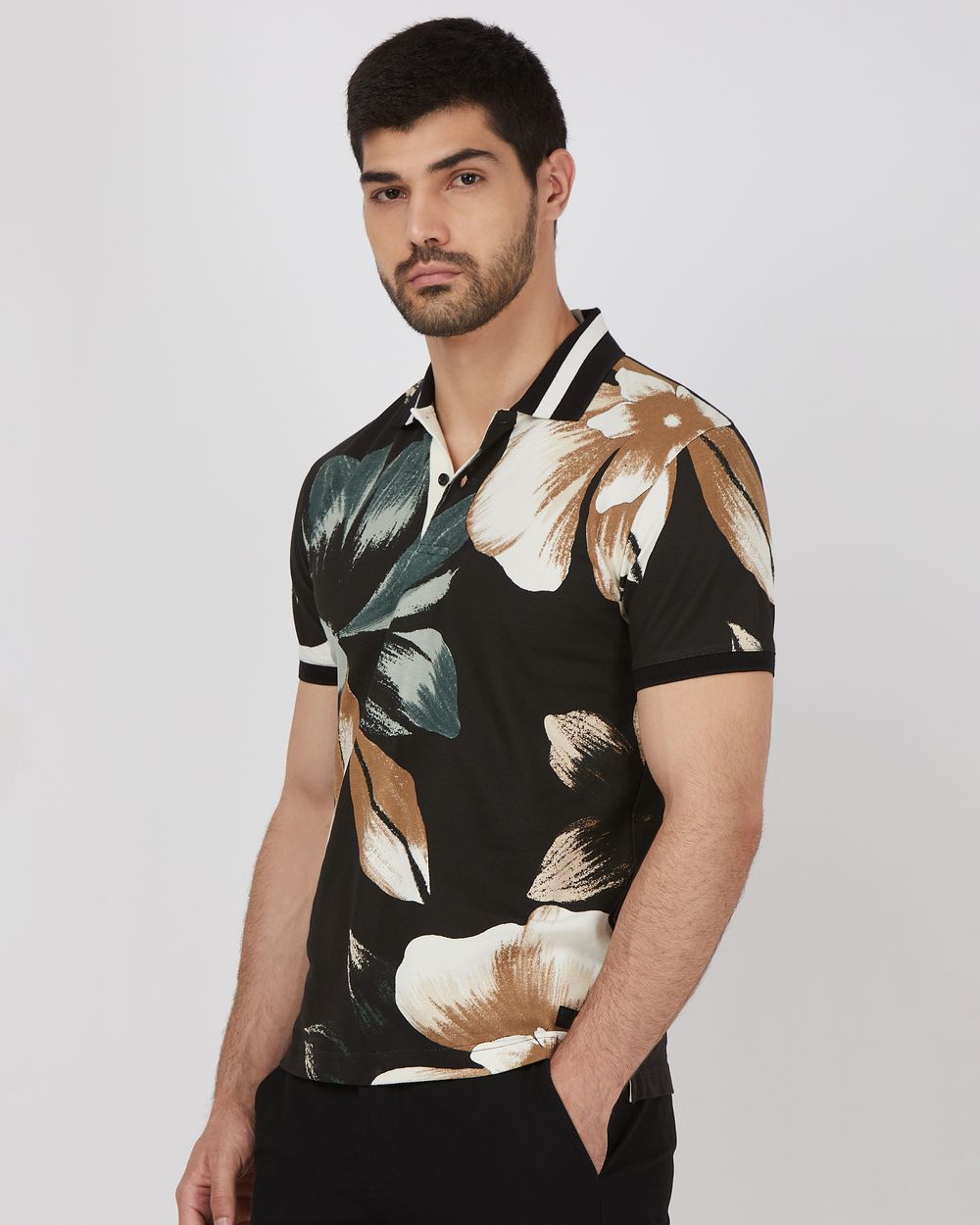 Black Floral Print Slim Fit Pique Polo