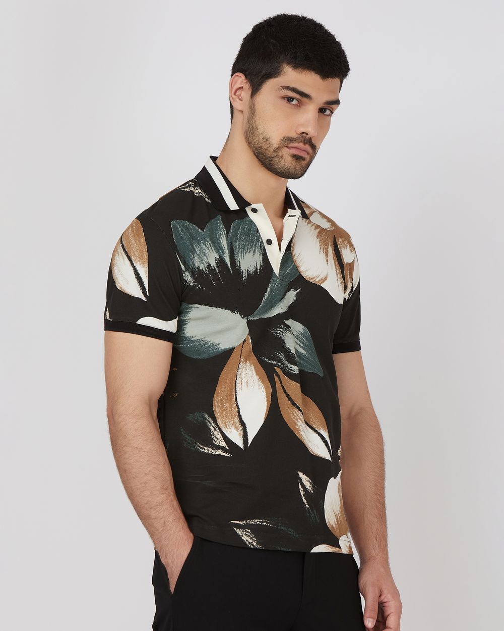 Black Floral Print Slim Fit Pique Polo