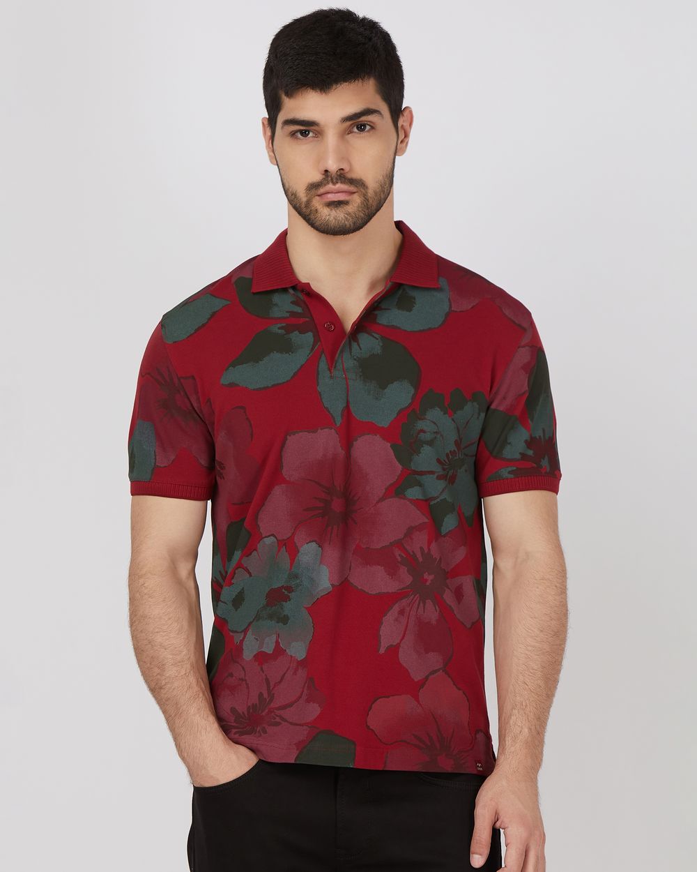 Maroon Floral Print Slim Fit Pique Polo