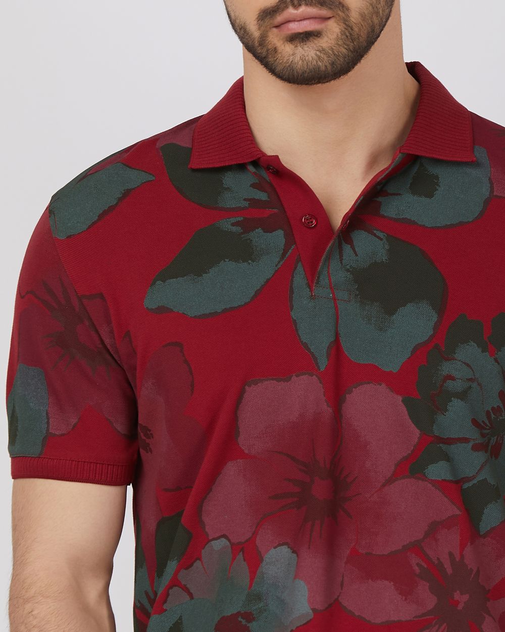 Maroon Floral Print Slim Fit Pique Polo
