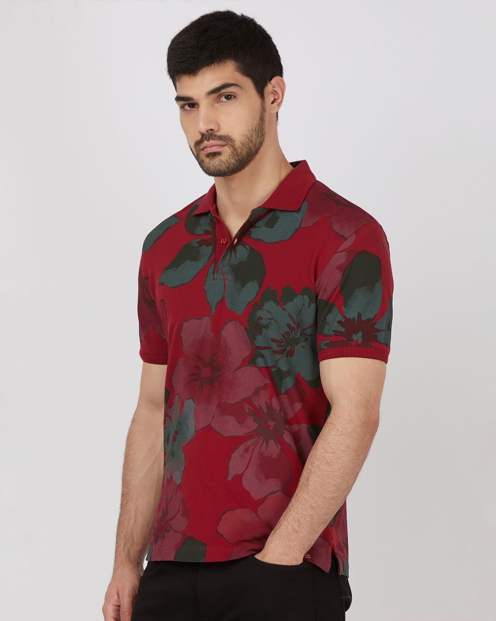 Maroon Floral Print Slim Fit Pique Polo