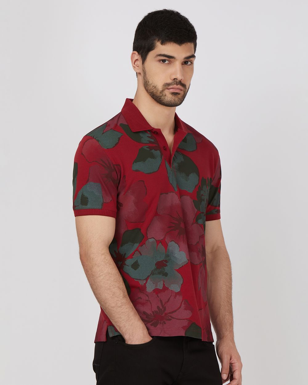 Maroon Floral Print Slim Fit Pique Polo