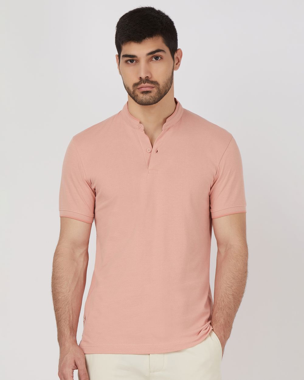 Pink Textured Plain Half Sleeve Casual Henley