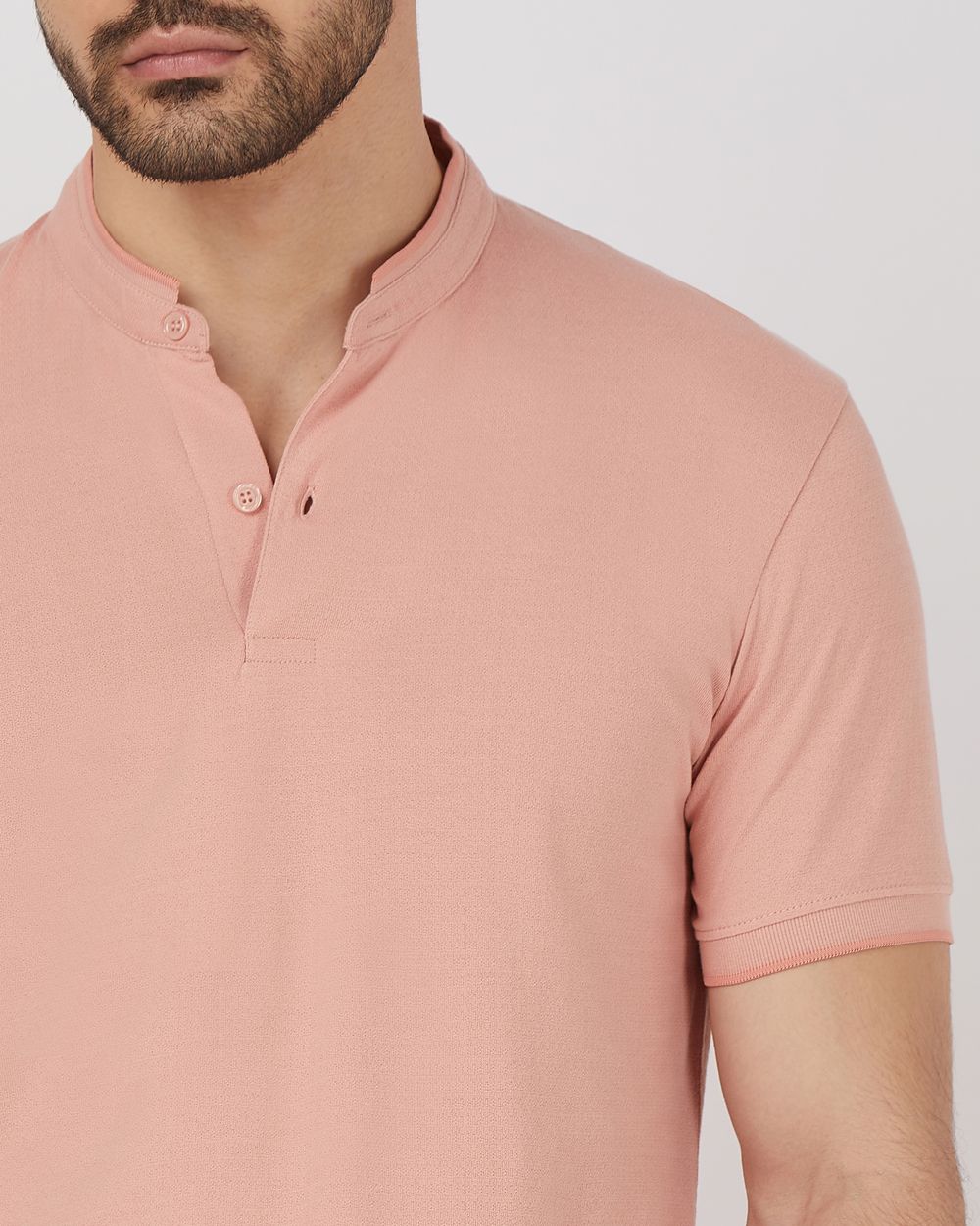 Pink Textured Plain Half Sleeve Casual Henley