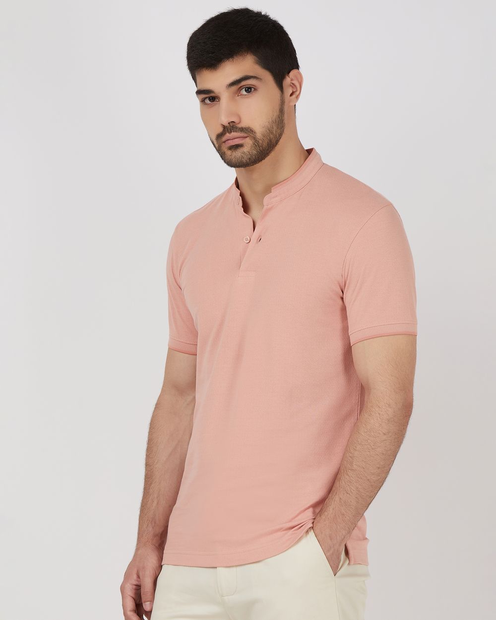 Pink Textured Plain Half Sleeve Casual Henley