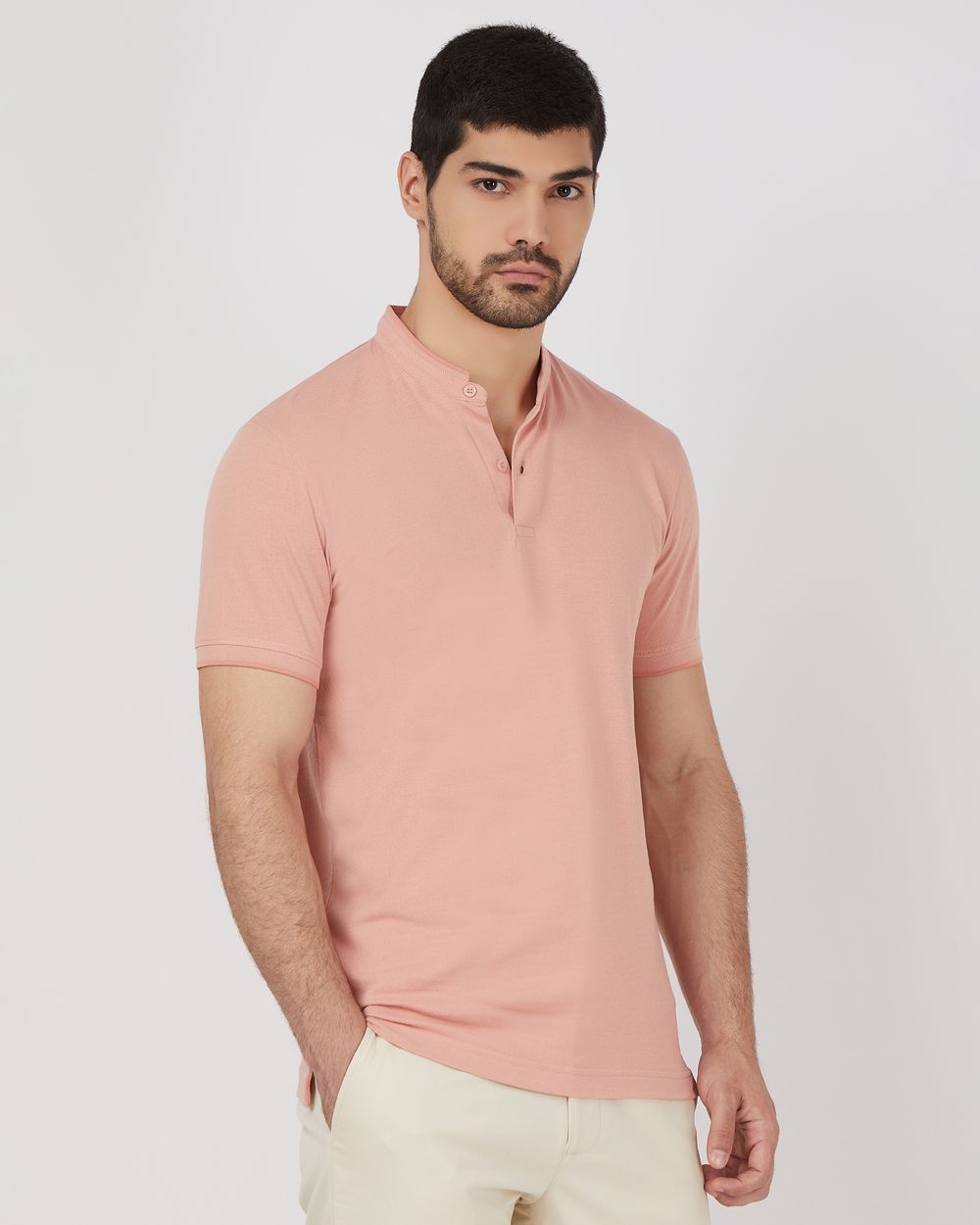 Pink Textured Plain Half Sleeve Casual Henley