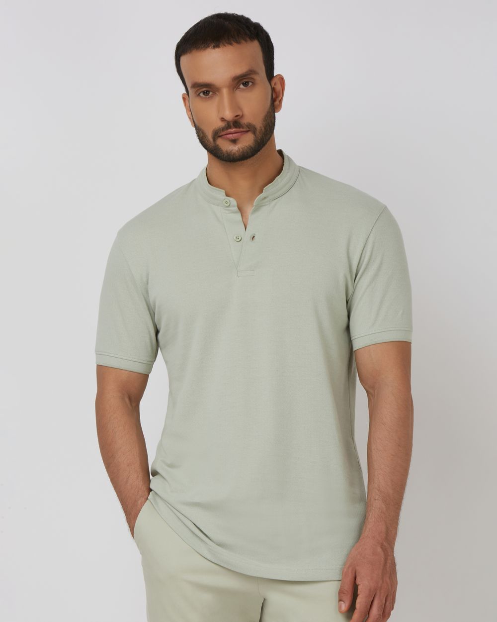 Light Green Textured Plain Half Sleeve Casual Henley