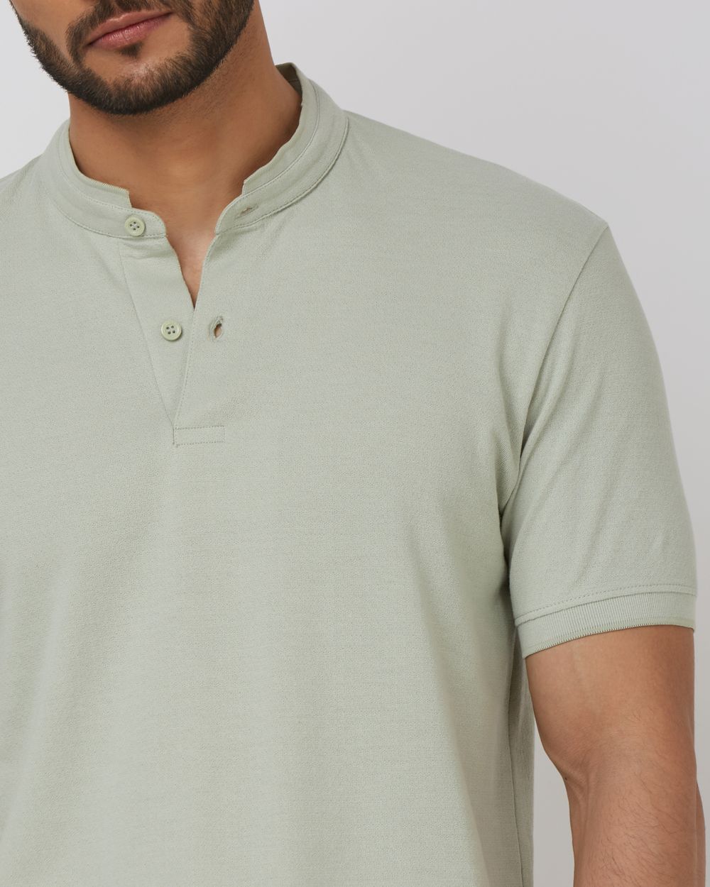 Light Green Textured Plain Half Sleeve Casual Henley