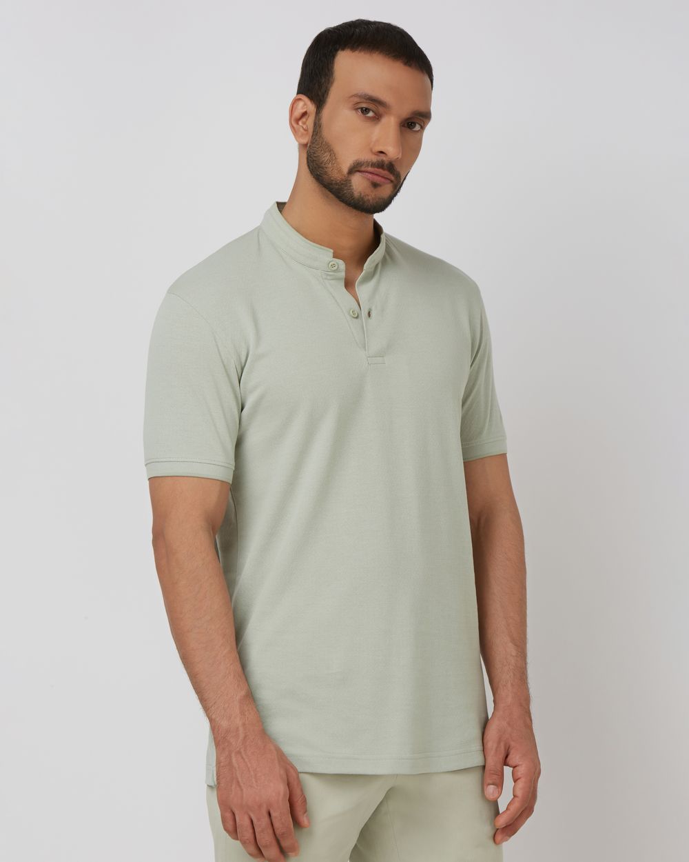 Light Green Textured Plain Half Sleeve Casual Henley