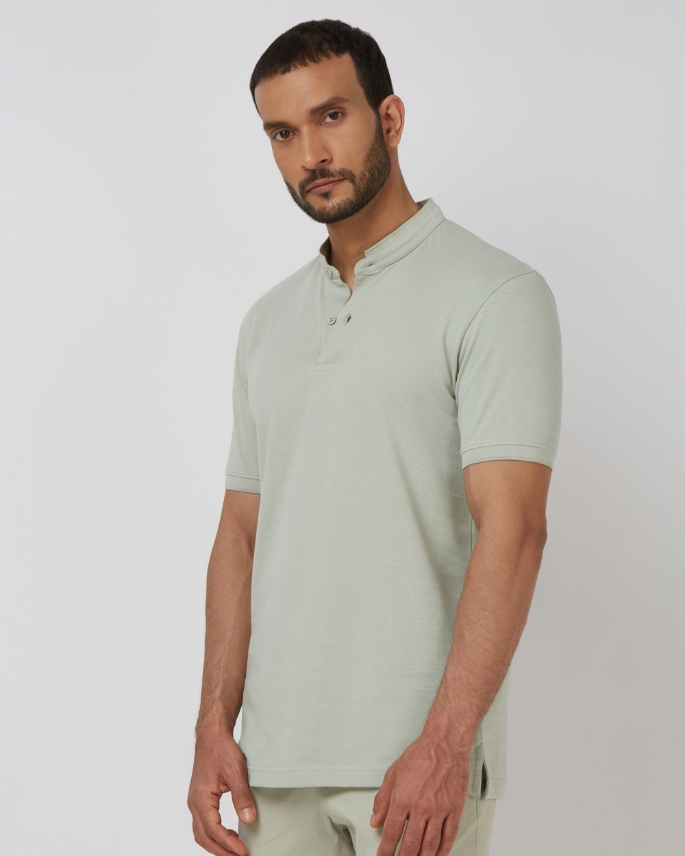 Light Green Textured Plain Half Sleeve Casual Henley