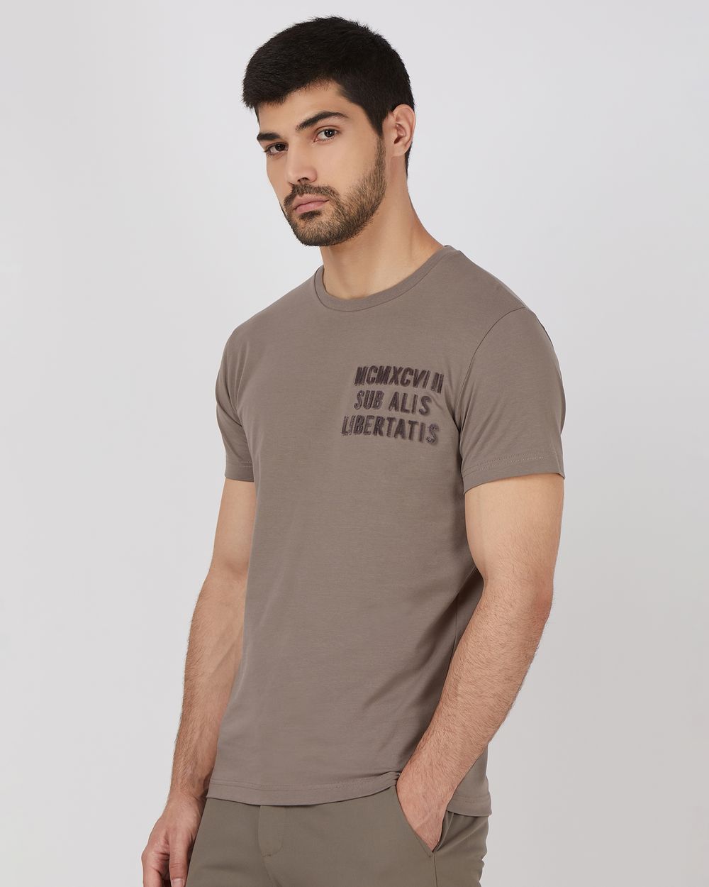 Grey Flock Embroidery Slim Fit Jersey T-Shirt