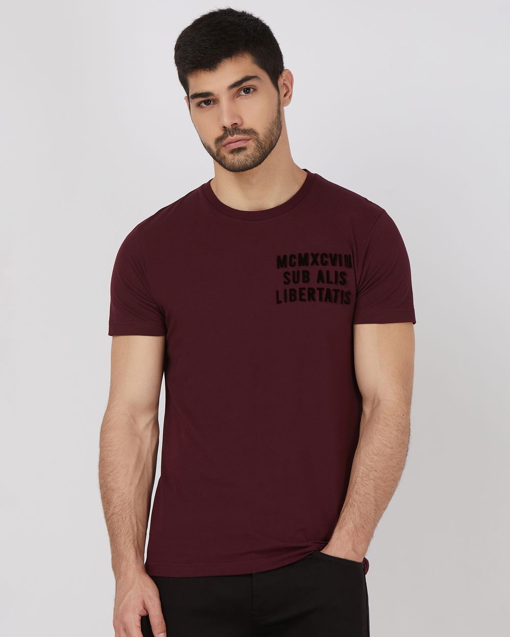 Maroon Flock Embroidery Slim Fit Jersey T-Shirt