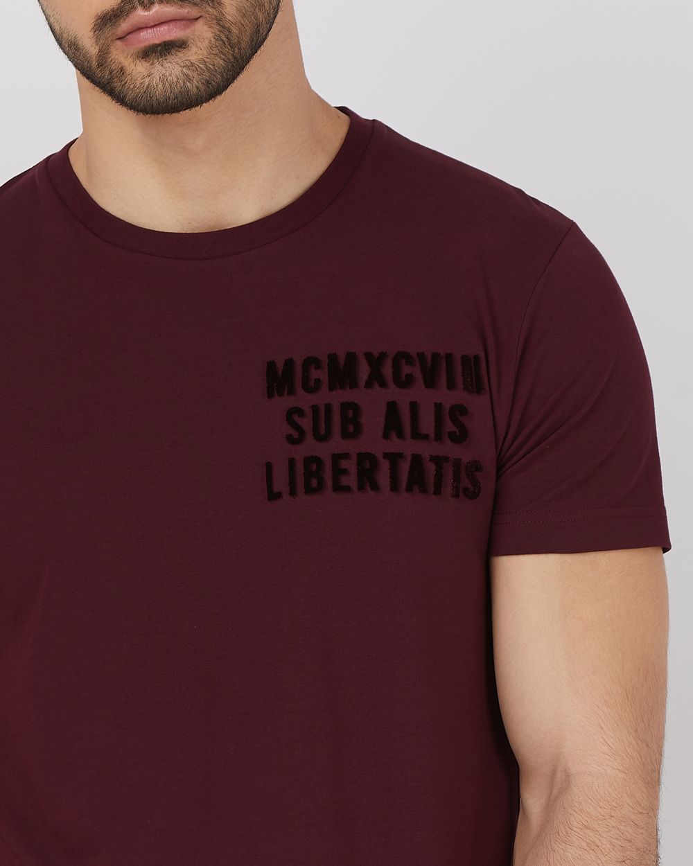 Maroon Flock Embroidery Slim Fit Jersey T-Shirt